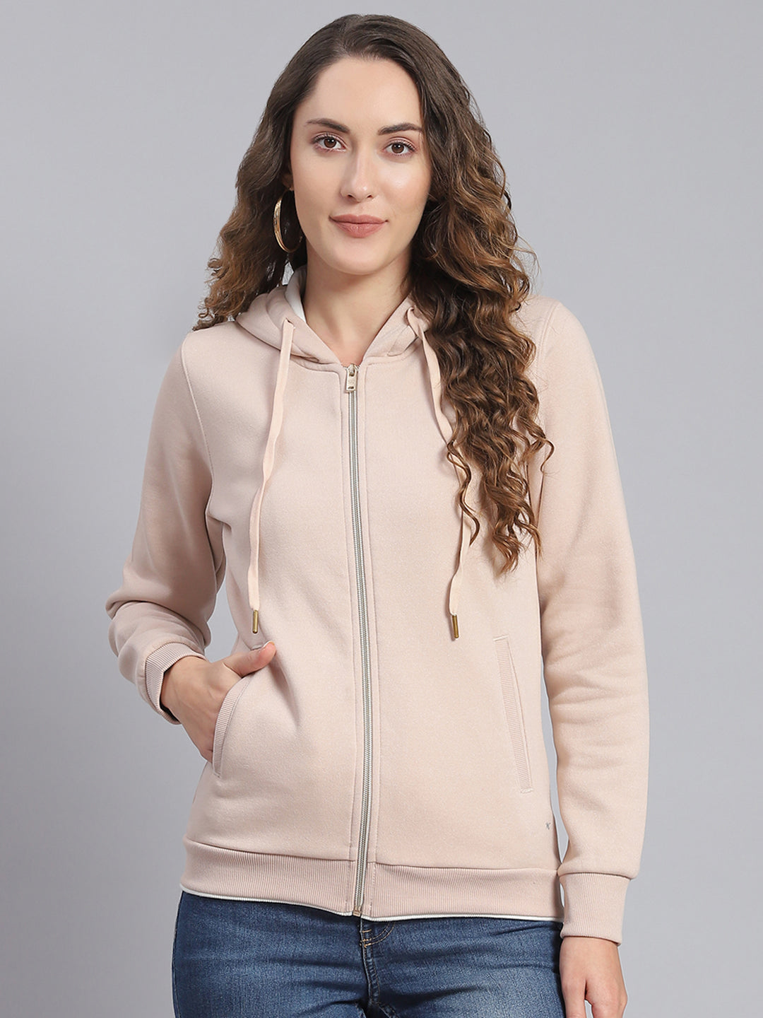 Women Beige Embroidered Hooded Full Sleeve Sweatshirts