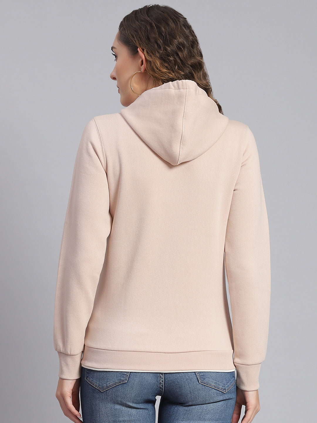 Women Beige Embroidered Hooded Full Sleeve Sweatshirts