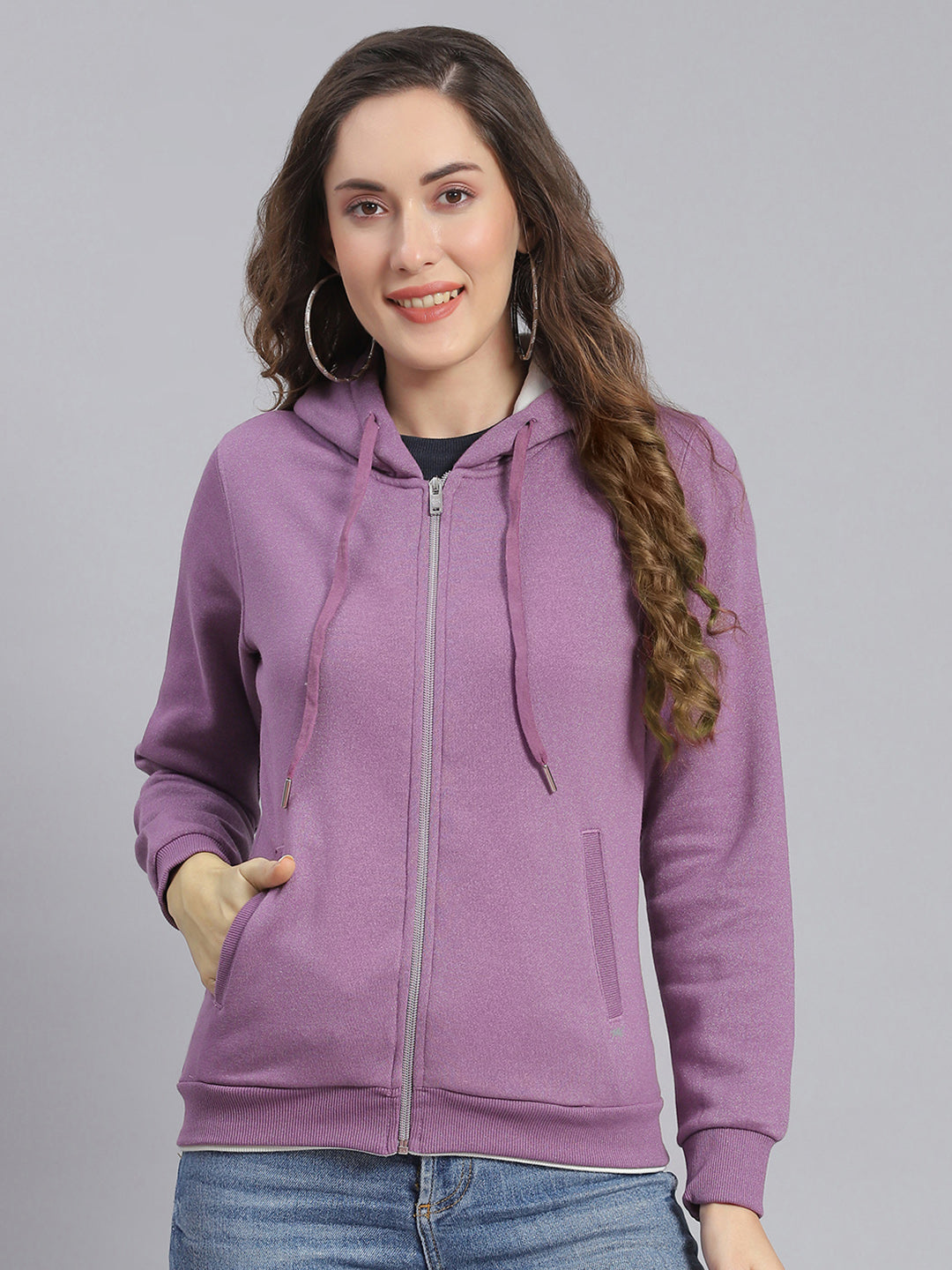 Women Purple Embroidered Hooded Full Sleeve Sweatshirts