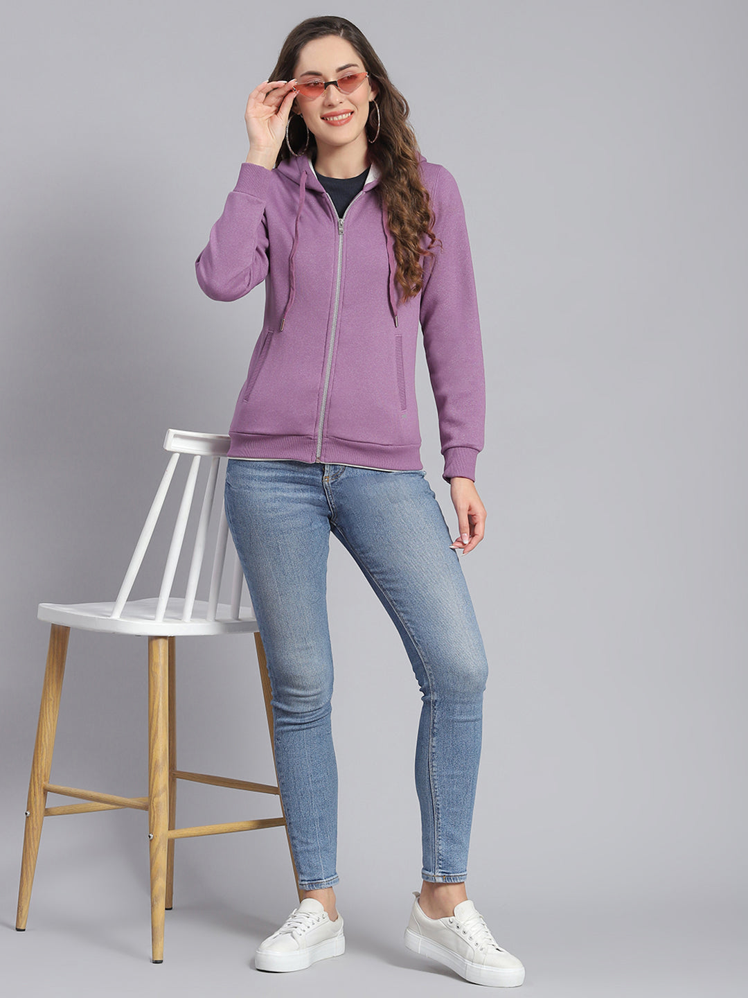 Women Purple Embroidered Hooded Full Sleeve Sweatshirts