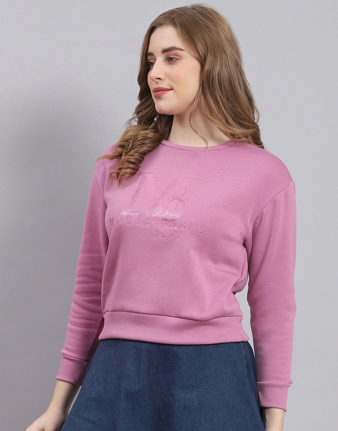 Women Purple Embellished Round Neck Full Sleeve Sweatshirt