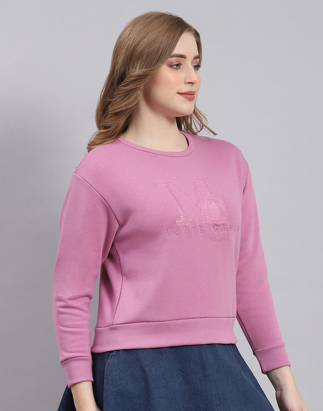 Women Purple Embellished Round Neck Full Sleeve Sweatshirt