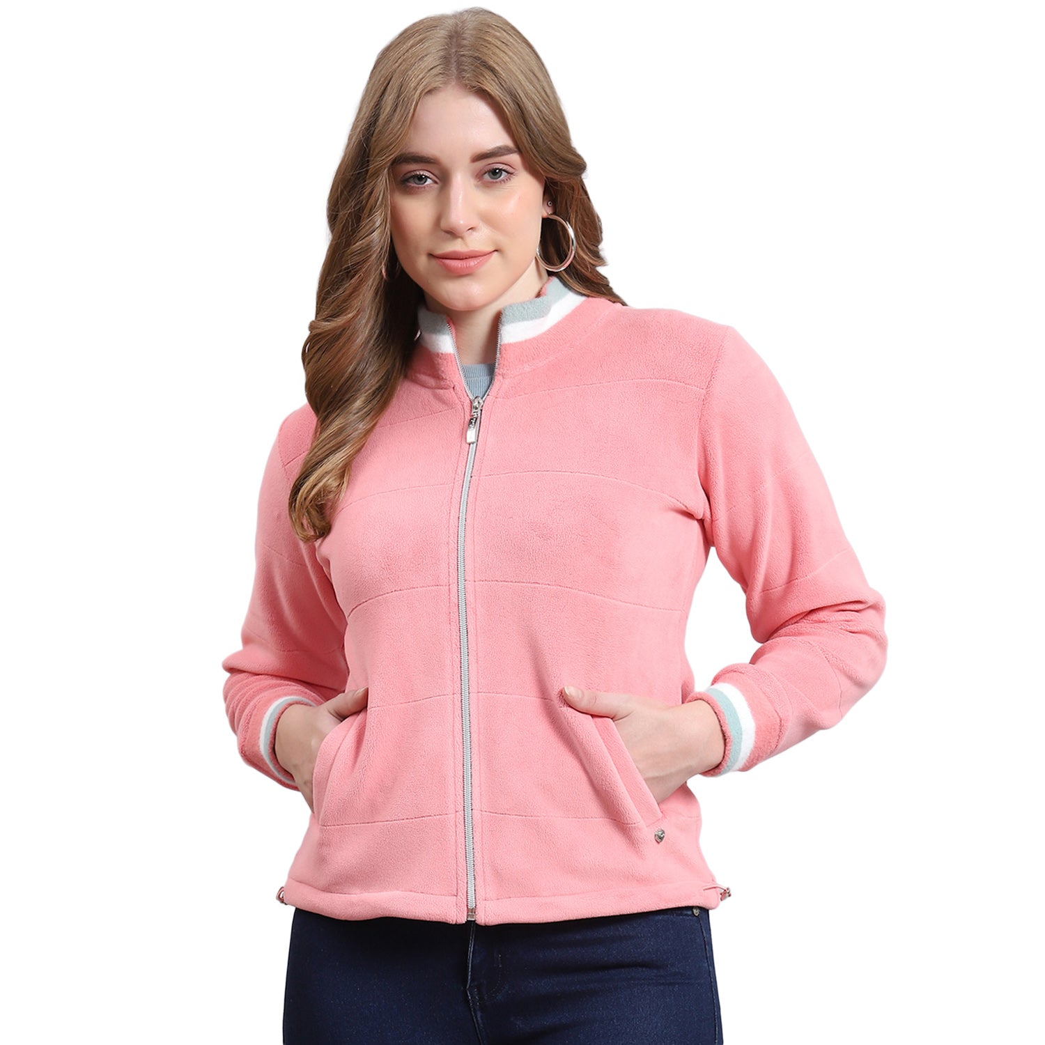 Women Pink Solid Stand Collar Full Sleeve Sweatshirt