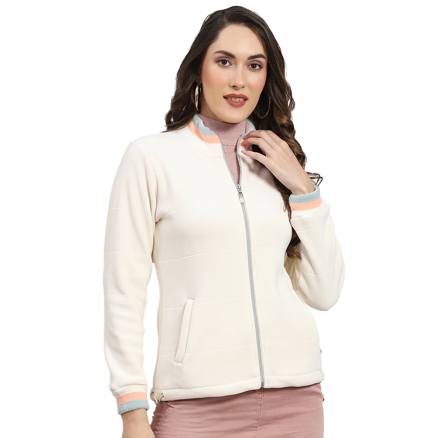 Women Cream Solid Stand Collar Full Sleeve Sweatshirt