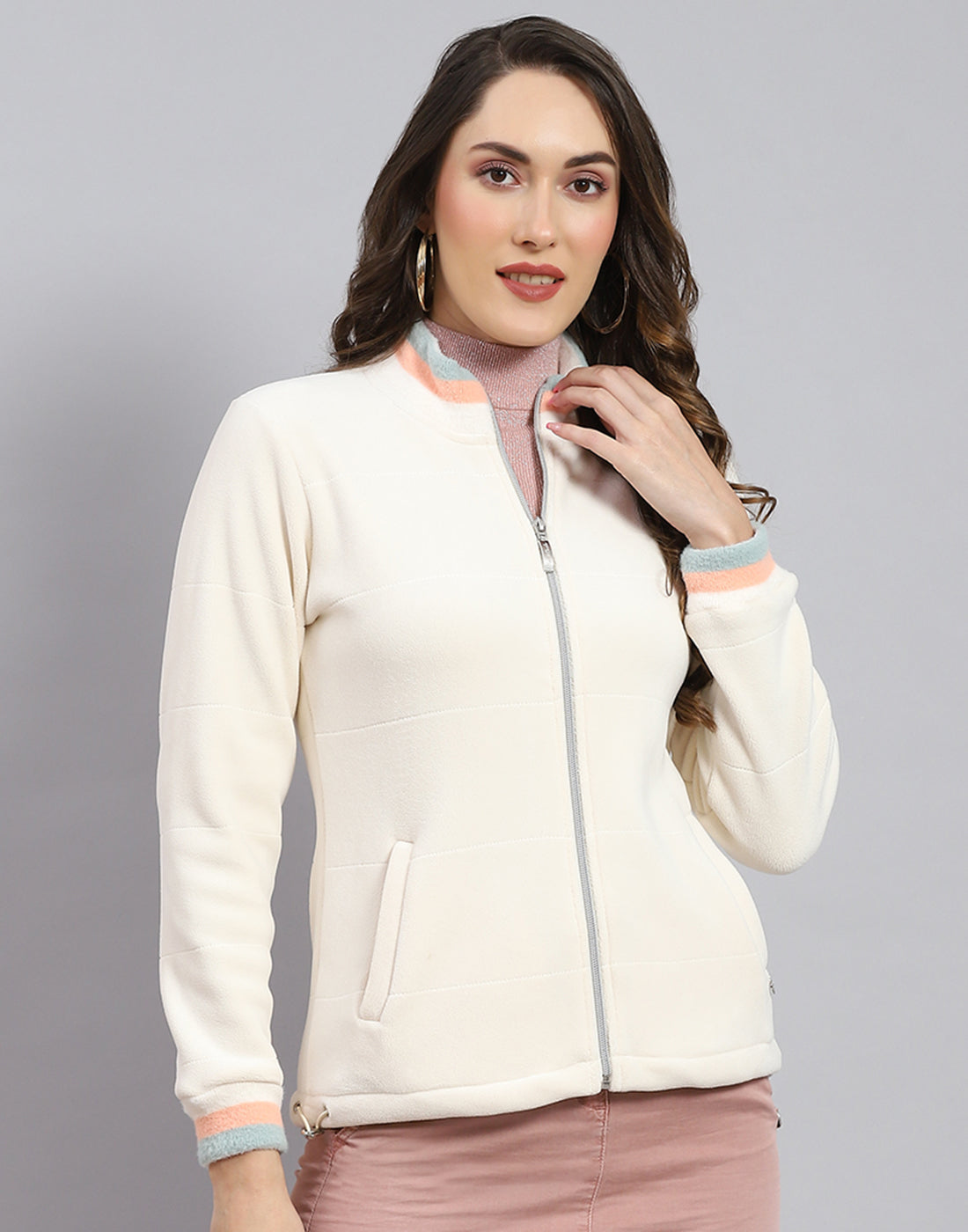 Women Cream Solid Stand Collar Full Sleeve Sweatshirt