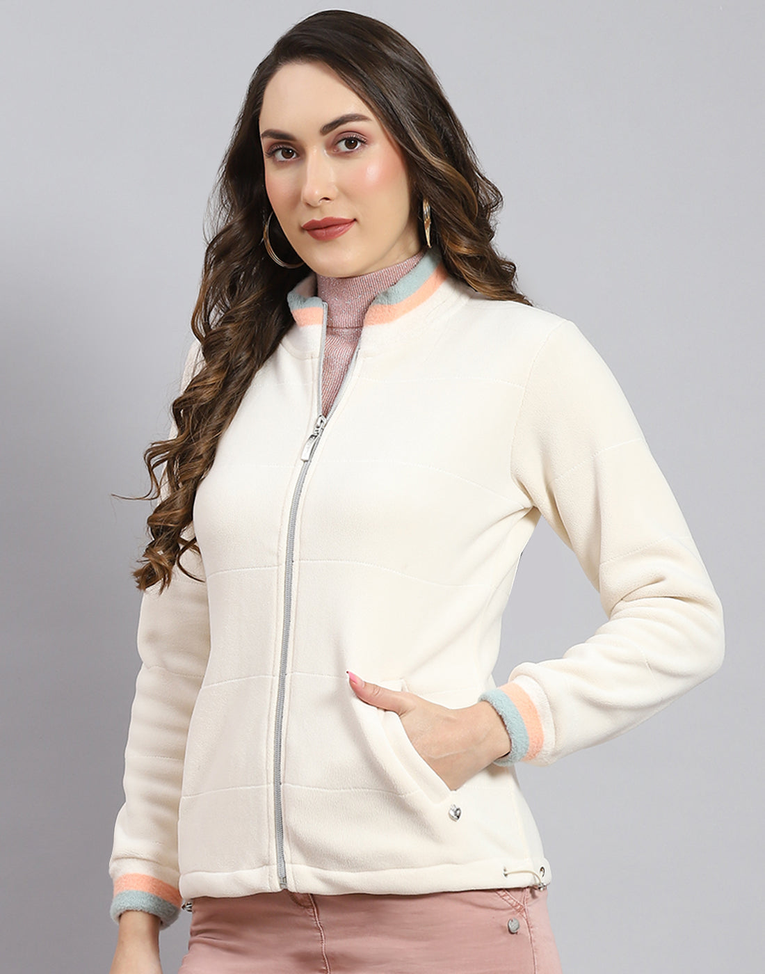 Women Cream Solid Stand Collar Full Sleeve Sweatshirt