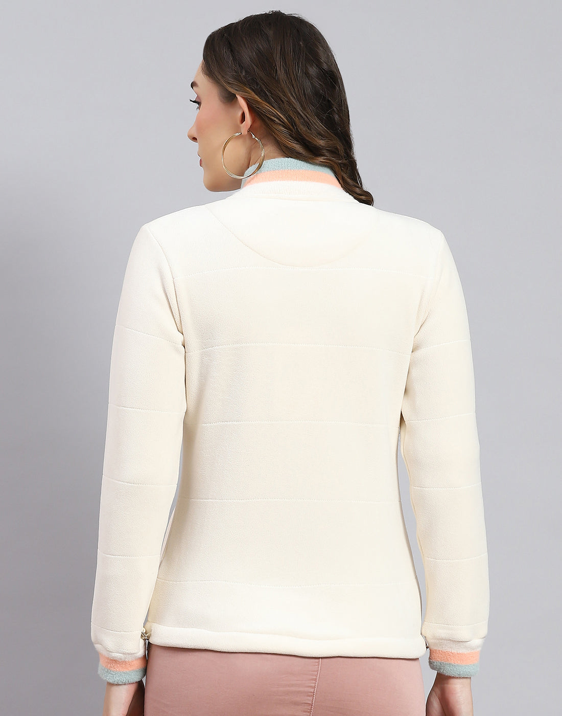 Women Cream Solid Stand Collar Full Sleeve Sweatshirt