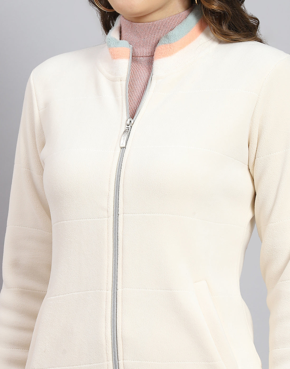 Women Cream Solid Stand Collar Full Sleeve Sweatshirt