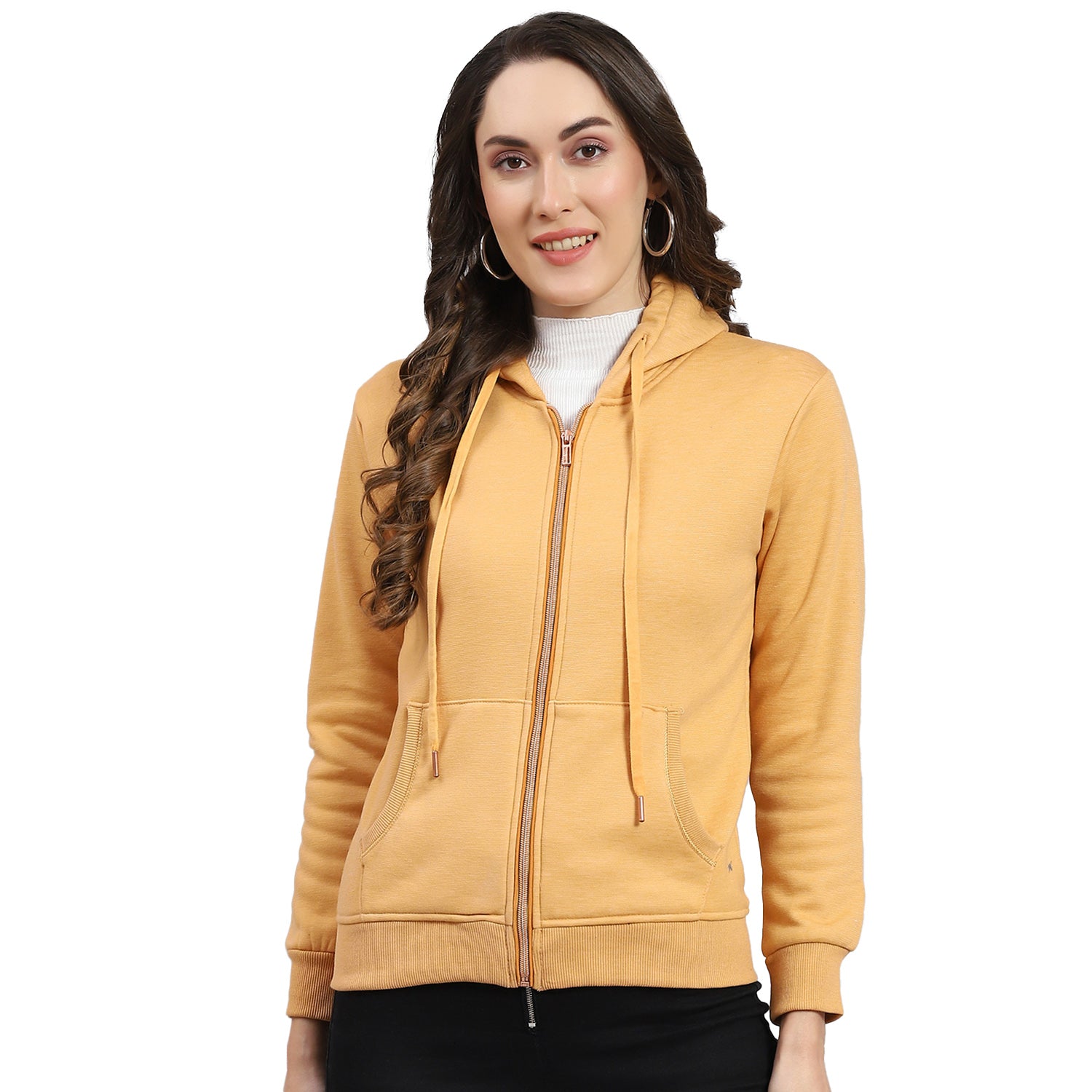 Women Orange Solid Hooded Full Sleeve Sweatshirt