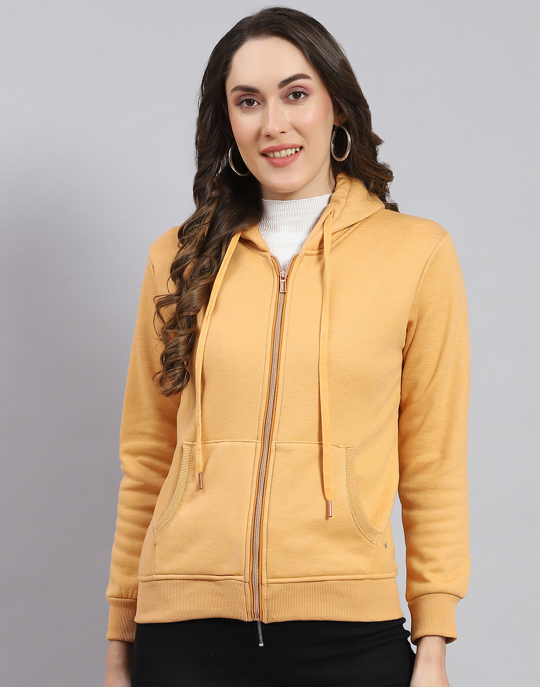 Women Orange Solid Hooded Full Sleeve Sweatshirt