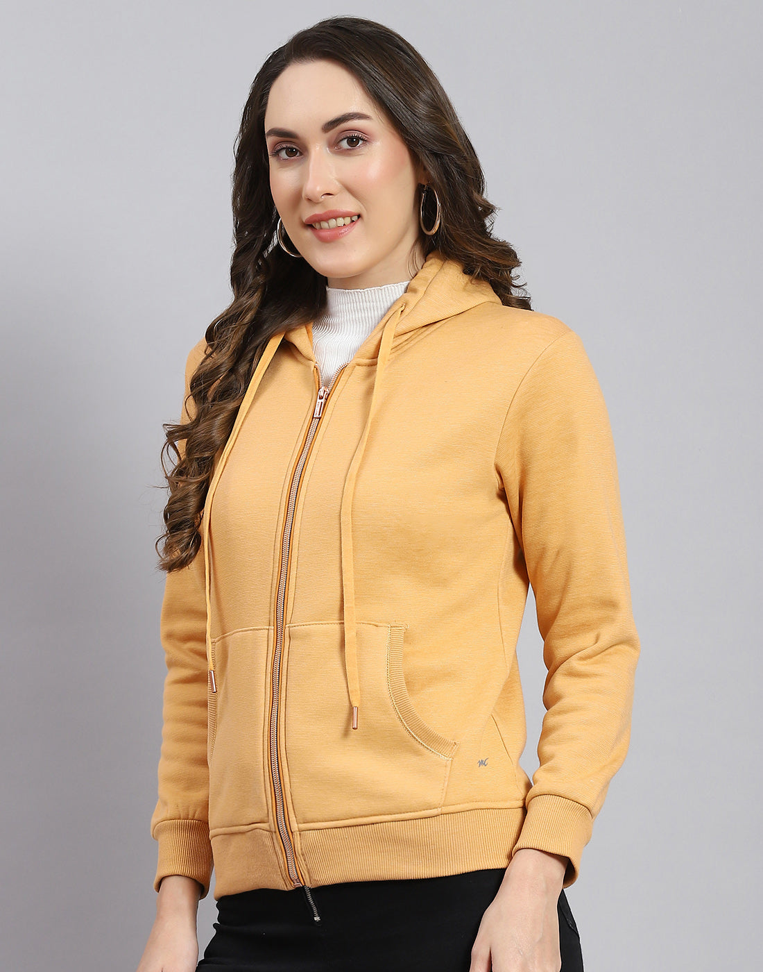 Women Orange Solid Hooded Full Sleeve Sweatshirt