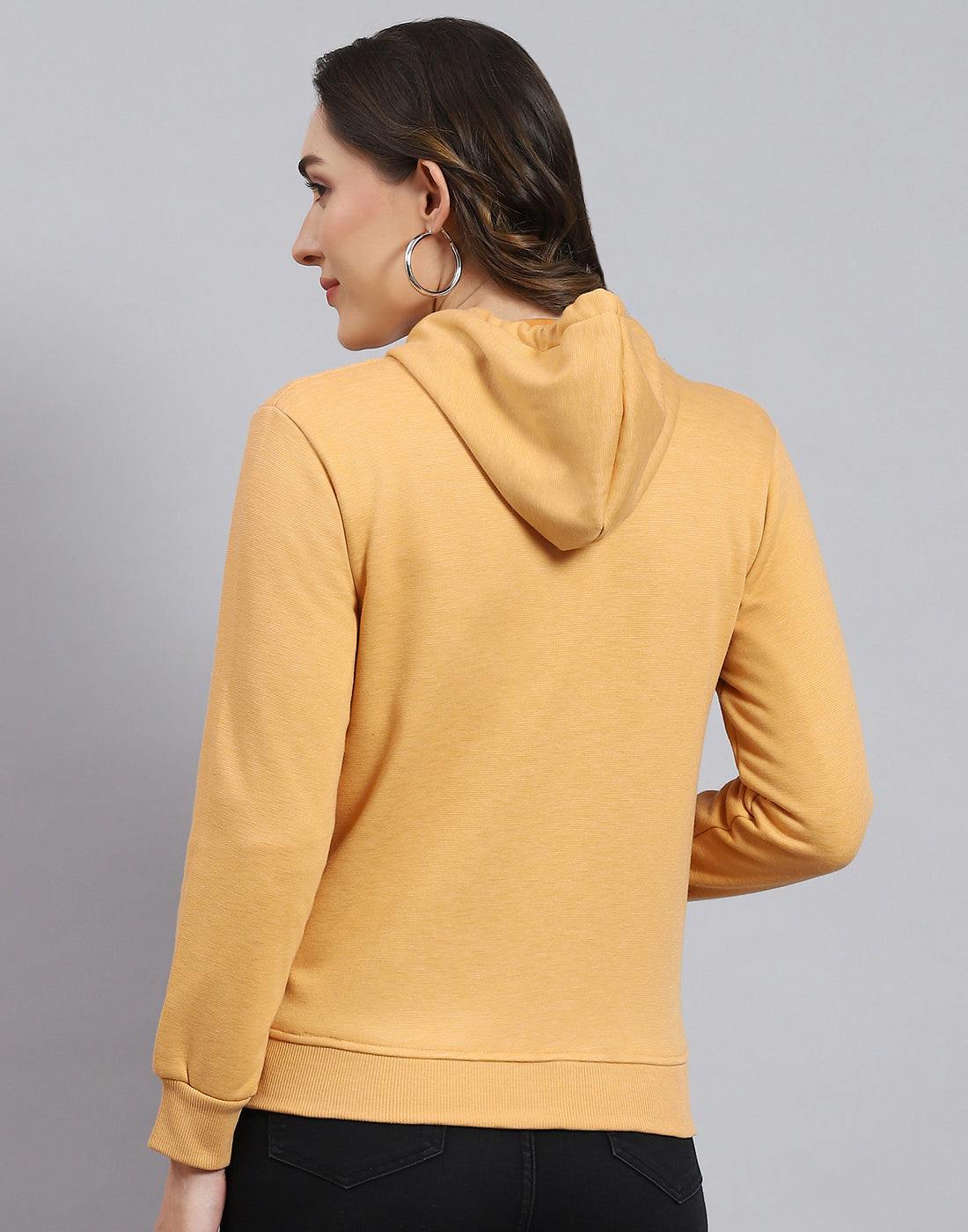 Women Orange Solid Hooded Full Sleeve Sweatshirt