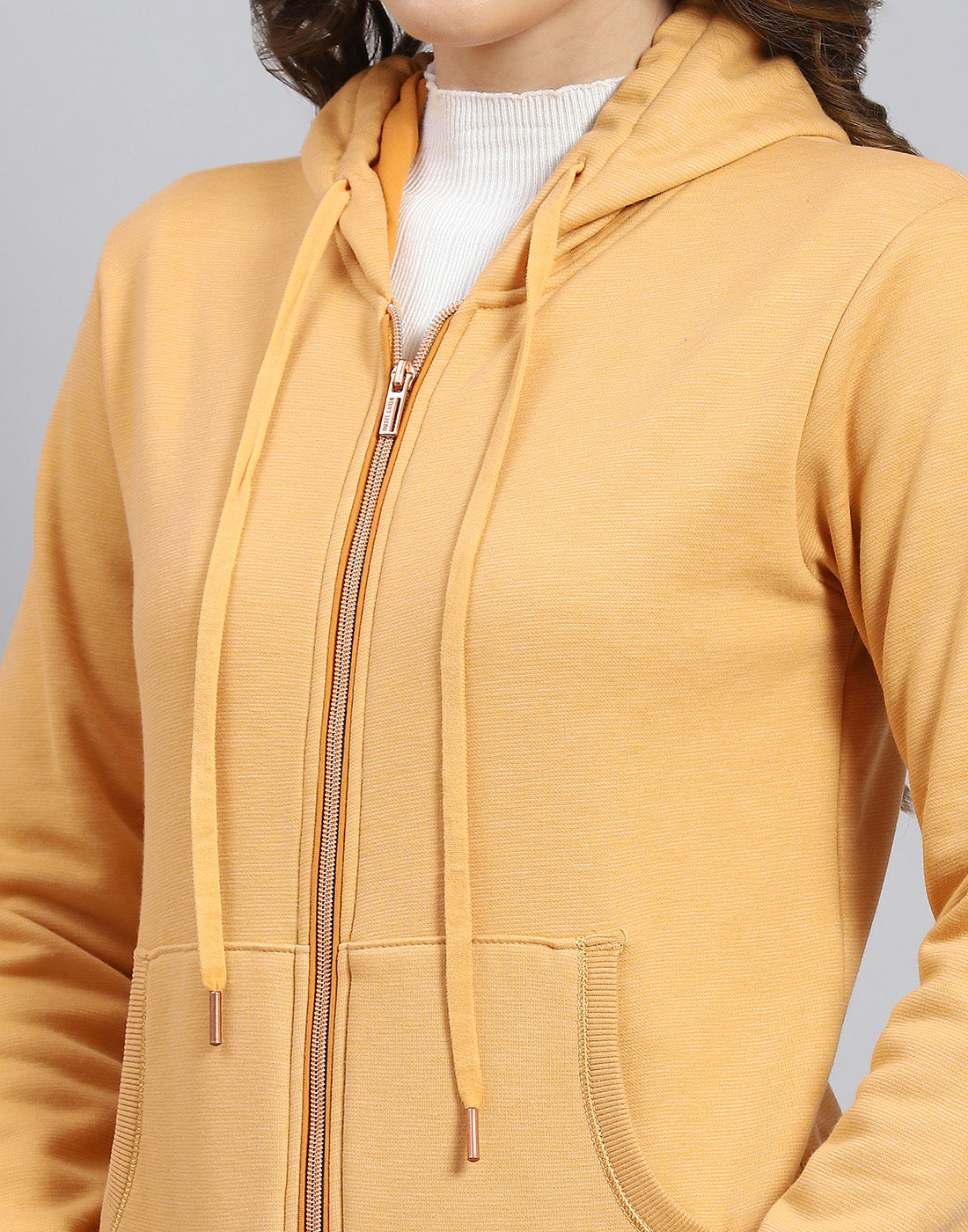 Women Orange Solid Hooded Full Sleeve Sweatshirt