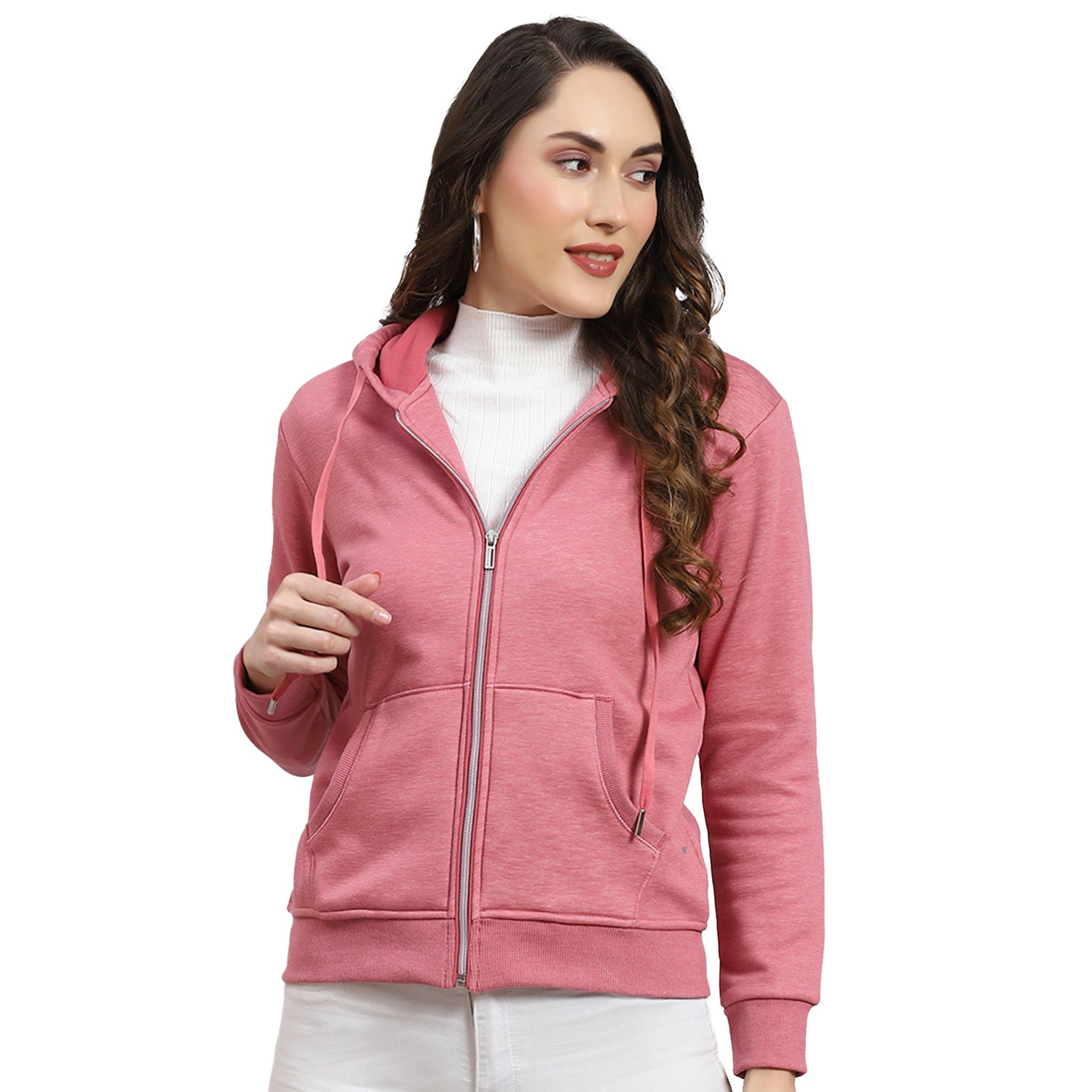 Women Pink Solid Hooded Full Sleeve Sweatshirt