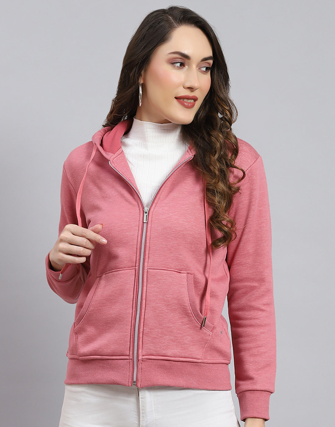 Women Pink Solid Hooded Full Sleeve Sweatshirt