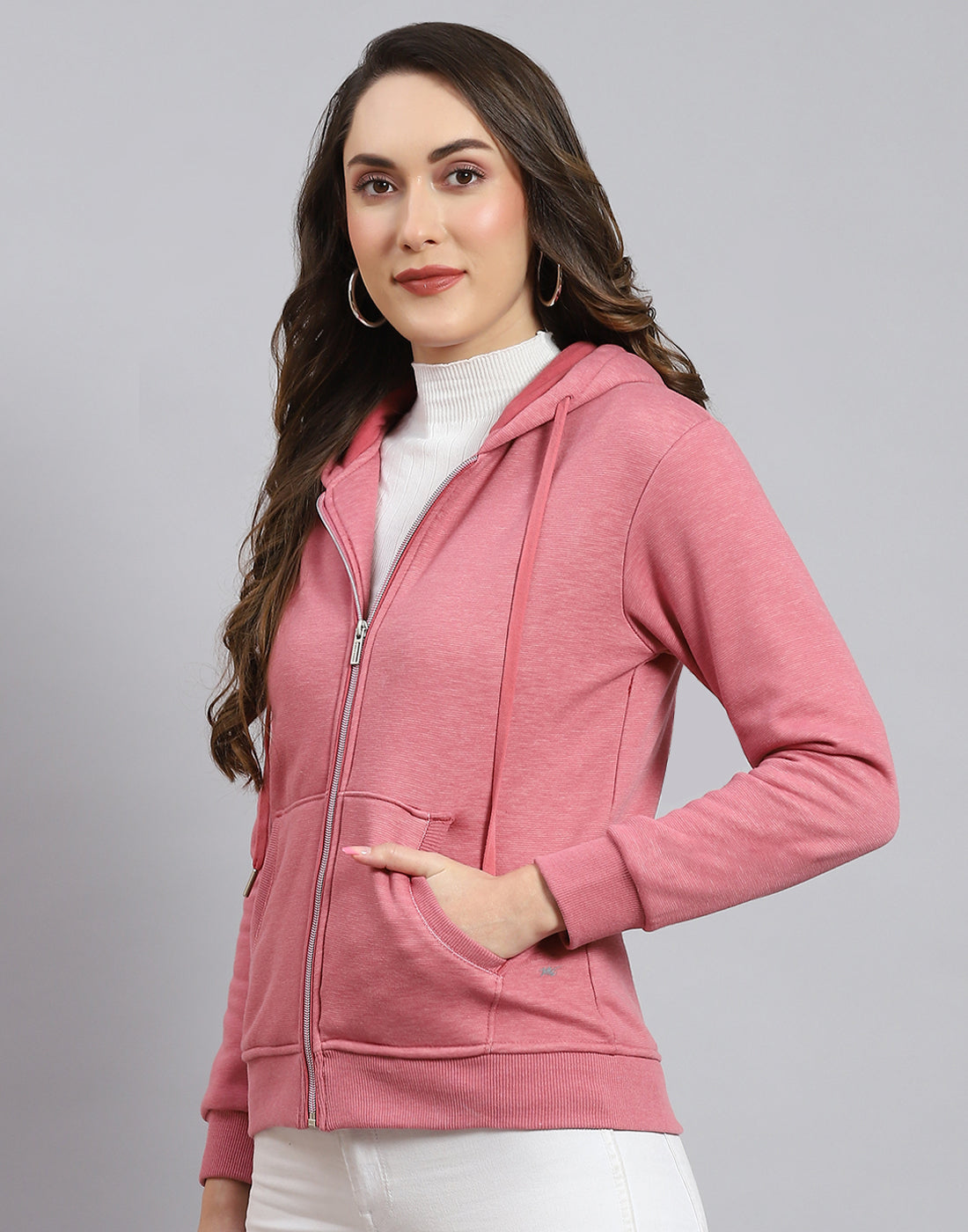 Women Pink Solid Hooded Full Sleeve Sweatshirt