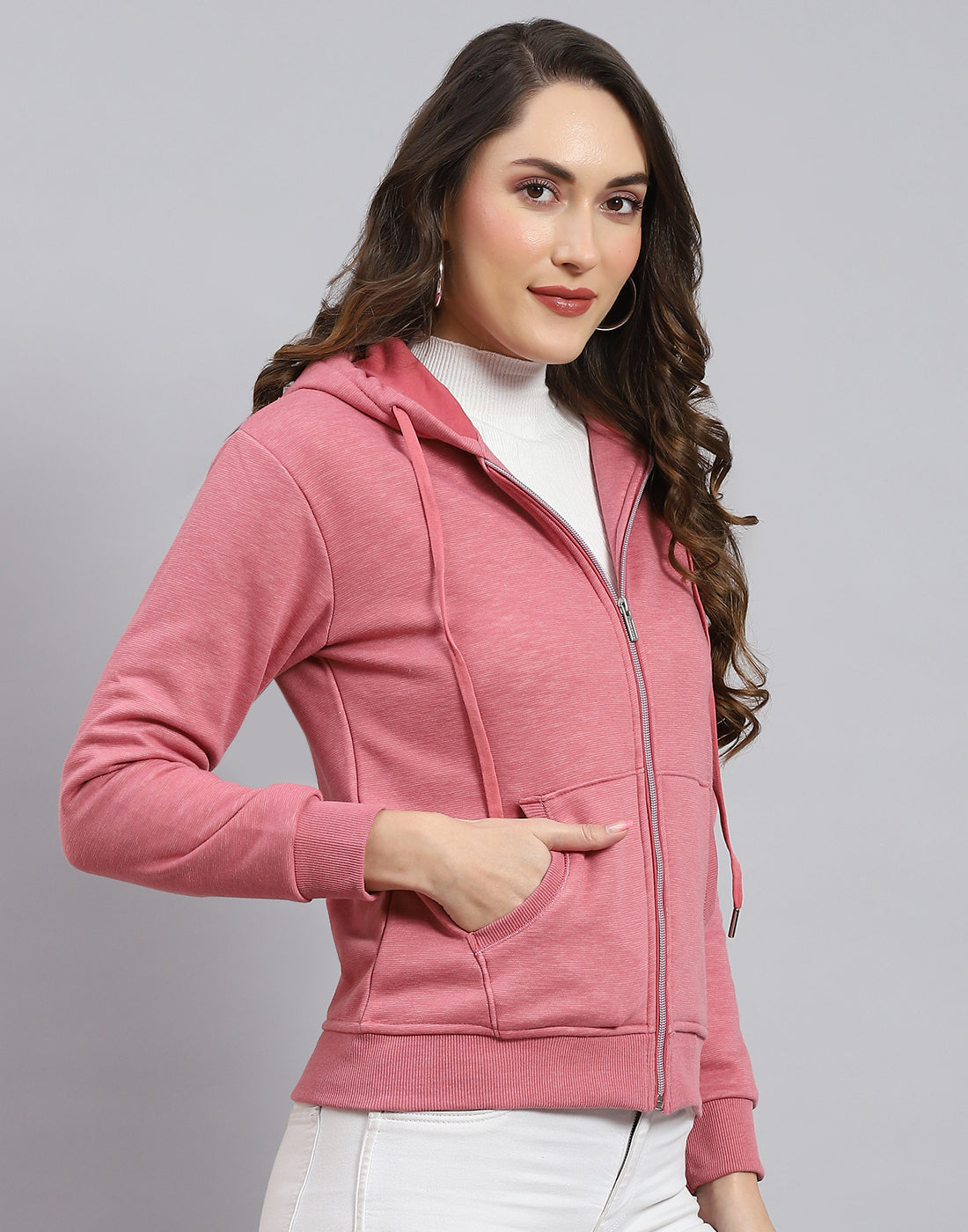 Women Pink Solid Hooded Full Sleeve Sweatshirt