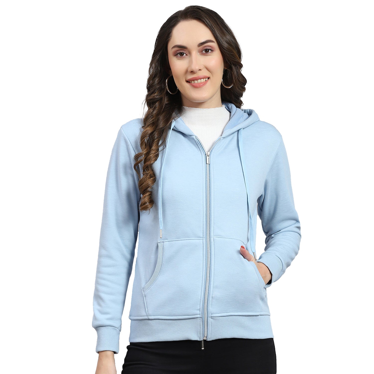 Women Blue Solid Hooded Full Sleeve Sweatshirt