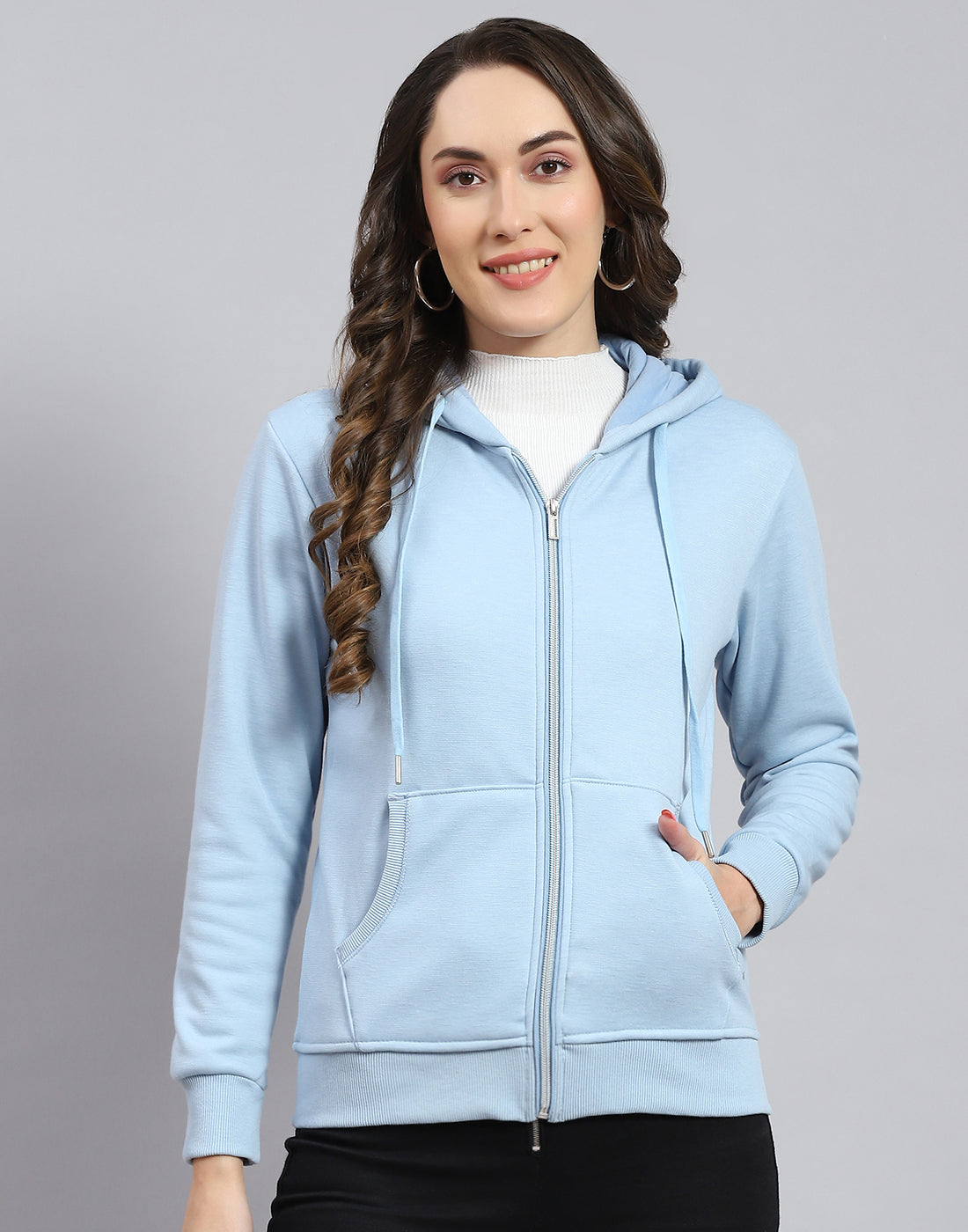 Women Blue Solid Hooded Full Sleeve Sweatshirt