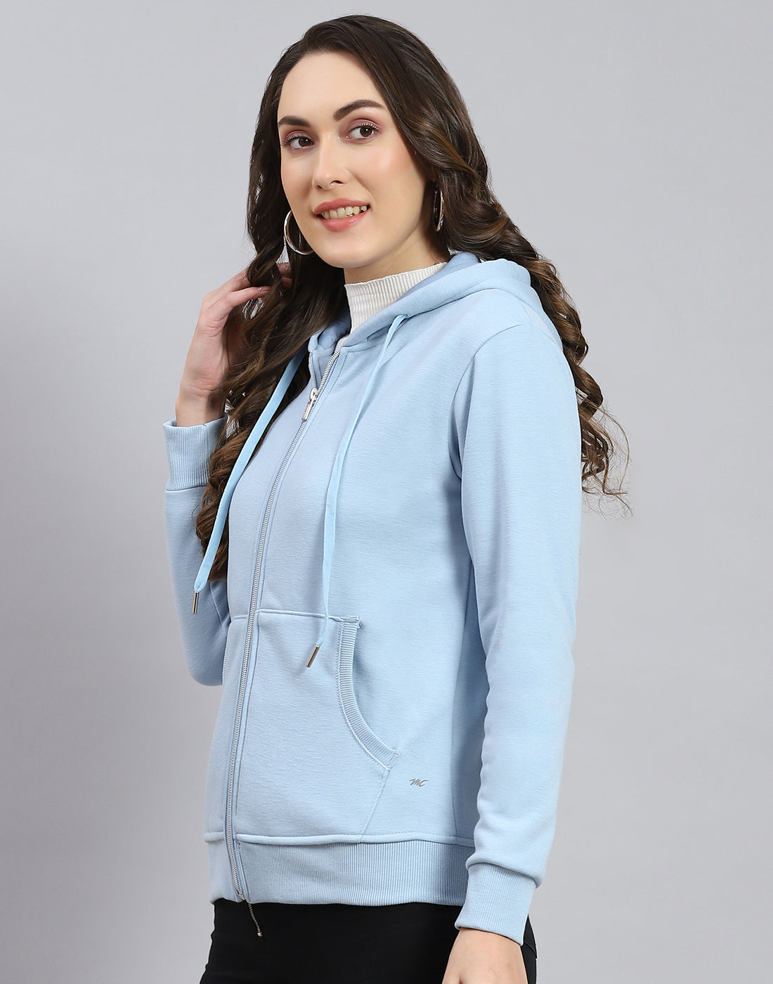 Women Blue Solid Hooded Full Sleeve Sweatshirt