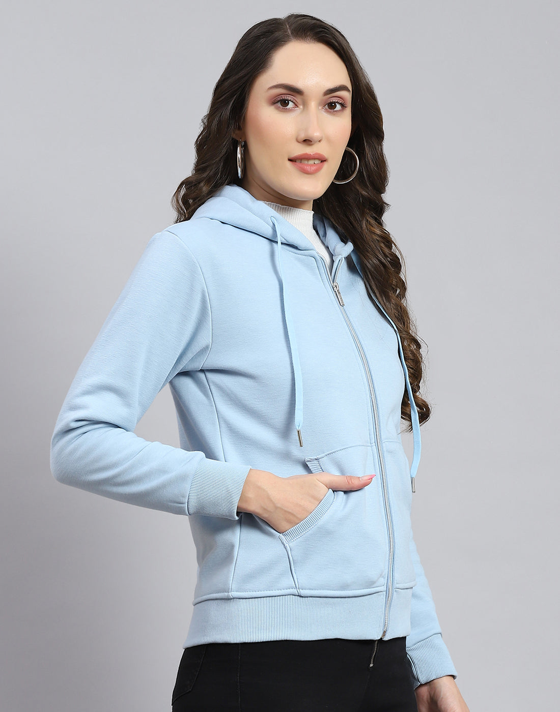 Women Blue Solid Hooded Full Sleeve Sweatshirt