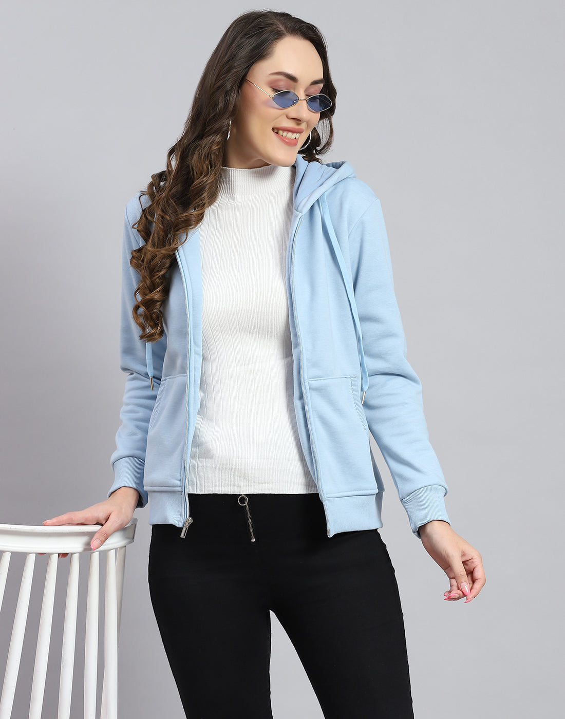 Women Blue Solid Hooded Full Sleeve Sweatshirt