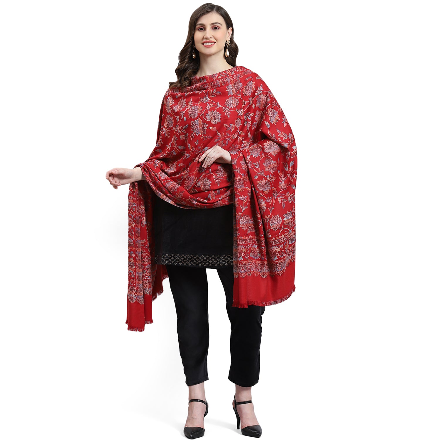 Women Red Self Design Shawl