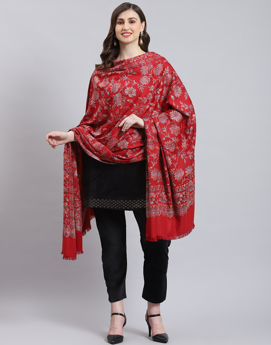 Women Red Self Design Shawl