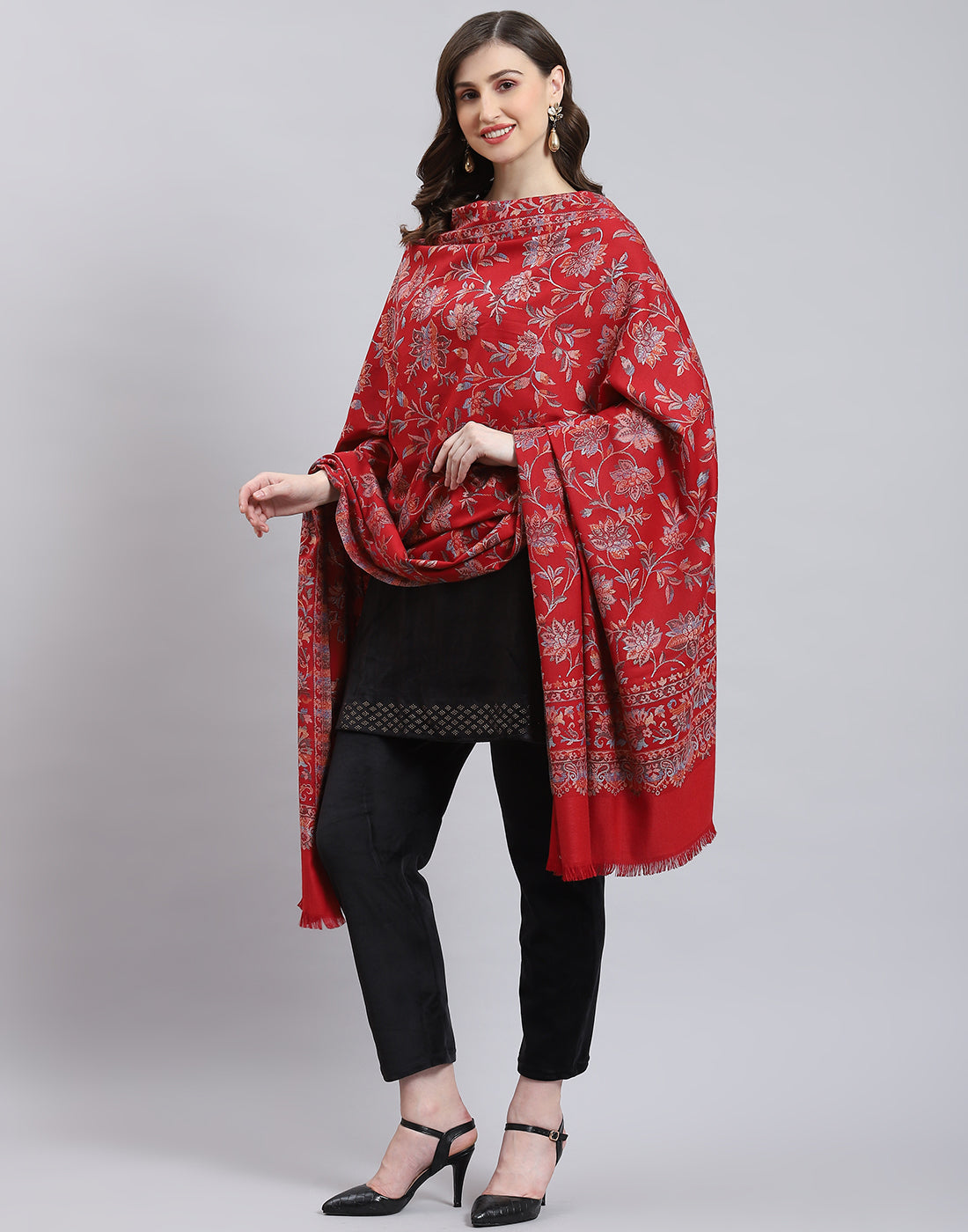 Women Red Self Design Shawl