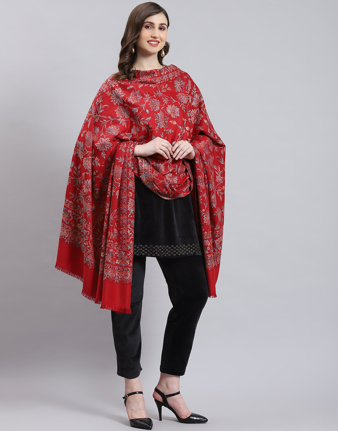 Women Red Self Design Shawl