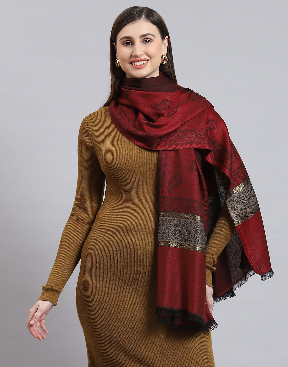 Women Maroon Self Design Shawl