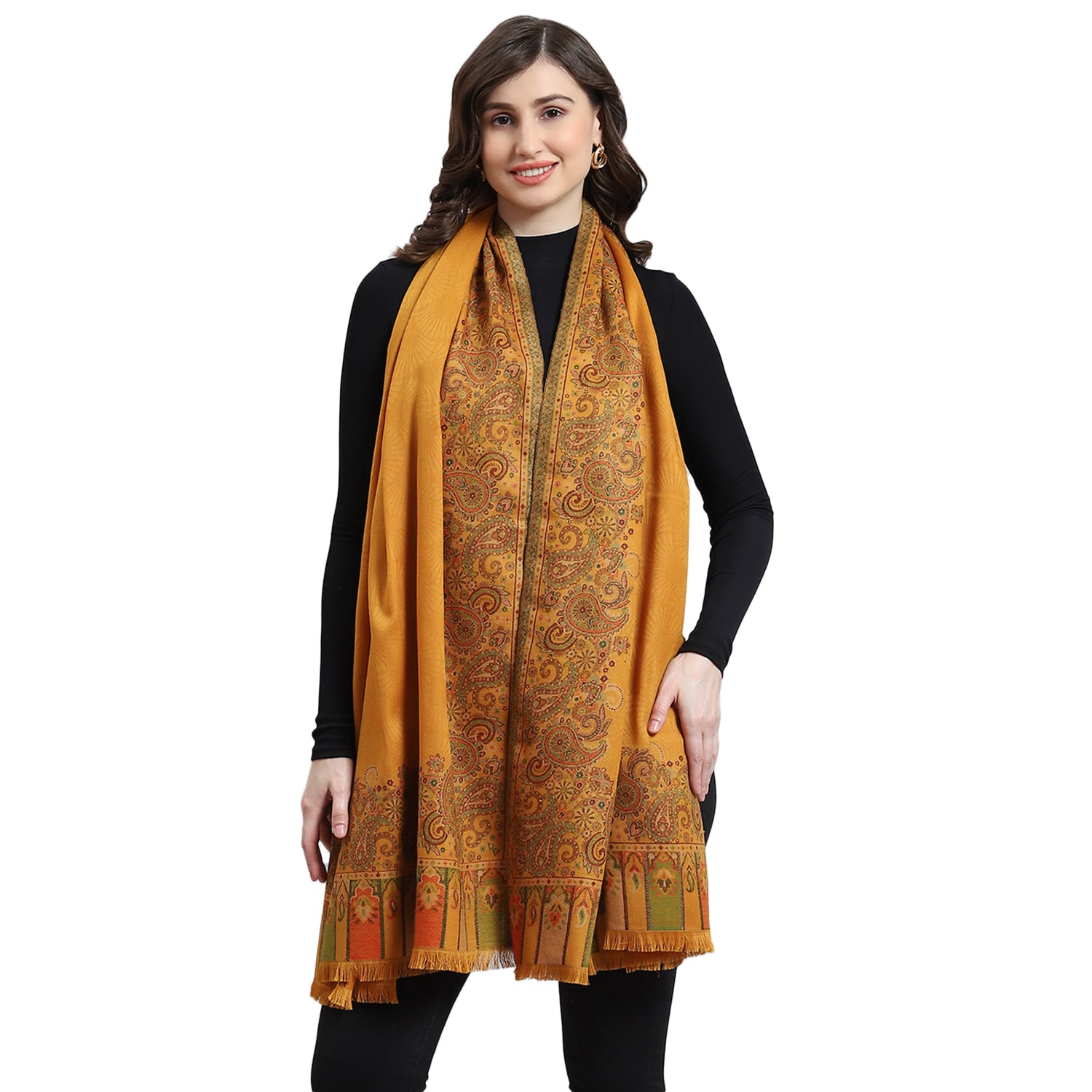 Women Mustard Self Design Shawl