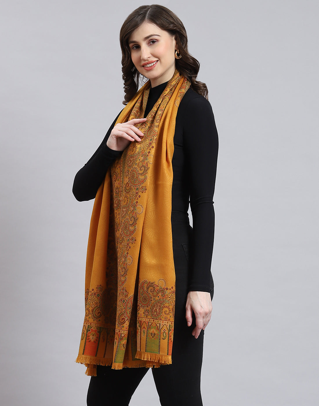 Women Mustard Self Design Shawl