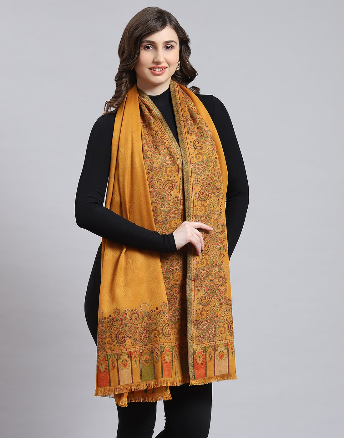 Women Mustard Self Design Shawl