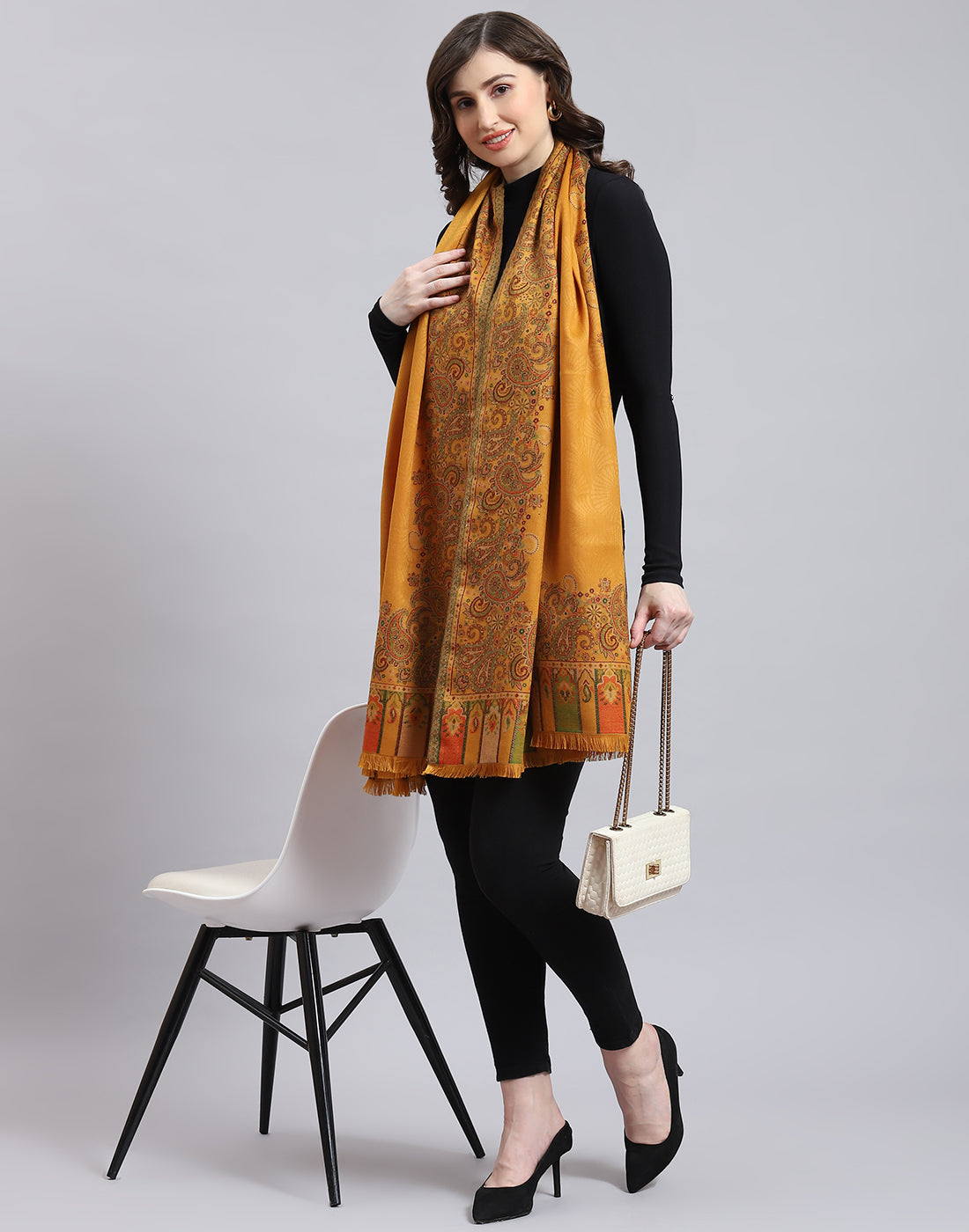 Women Mustard Self Design Shawl