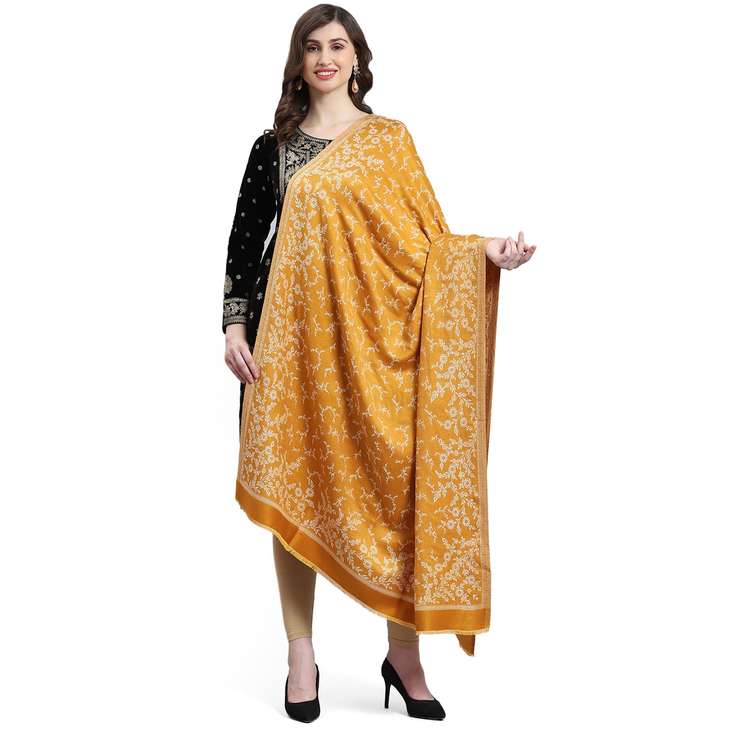 Women Mustard Self Design Shawl