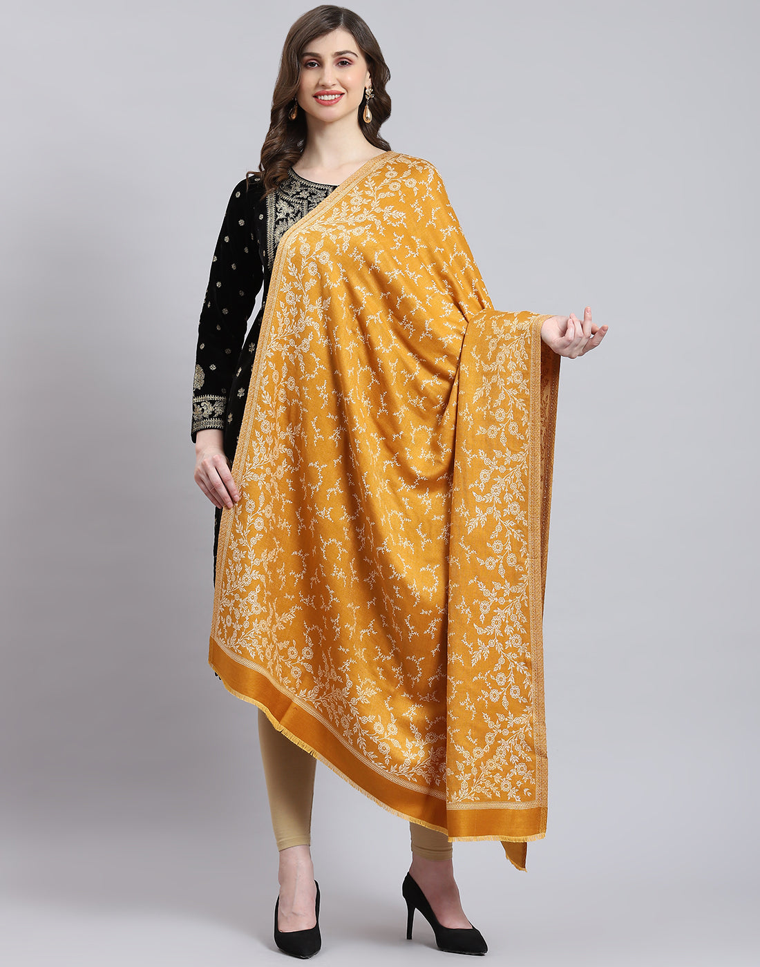 Women Mustard Self Design Shawl