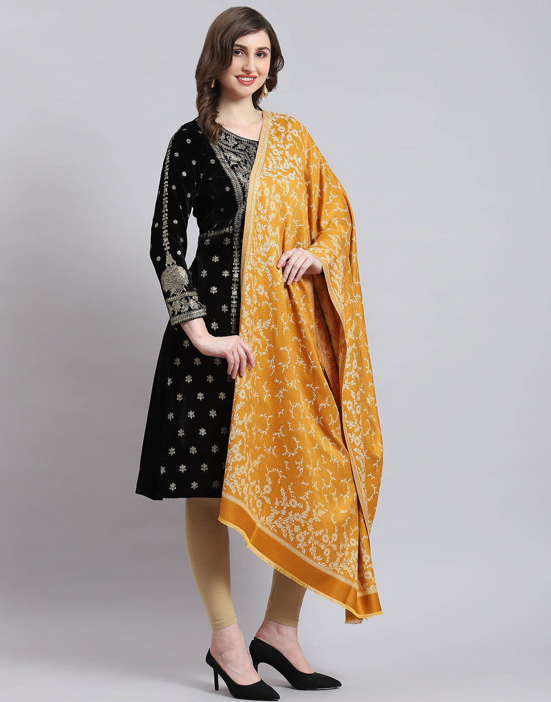 Women Mustard Self Design Shawl