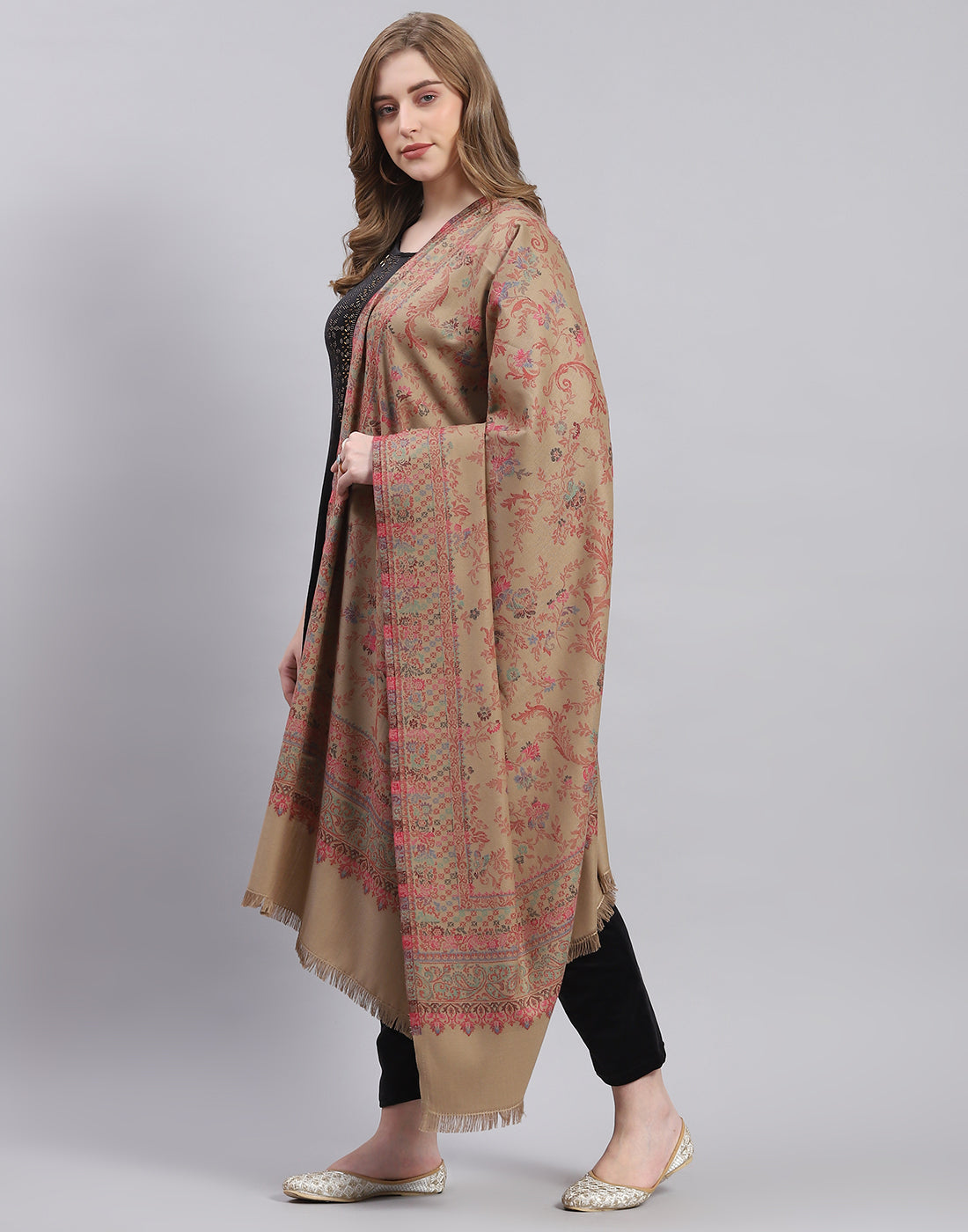 Women Khaki Self Design Shawl