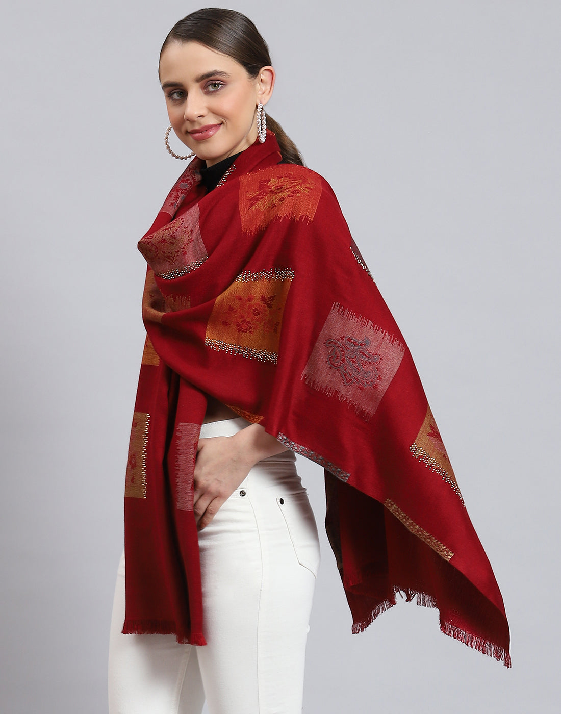 Women Red Self Design Stole