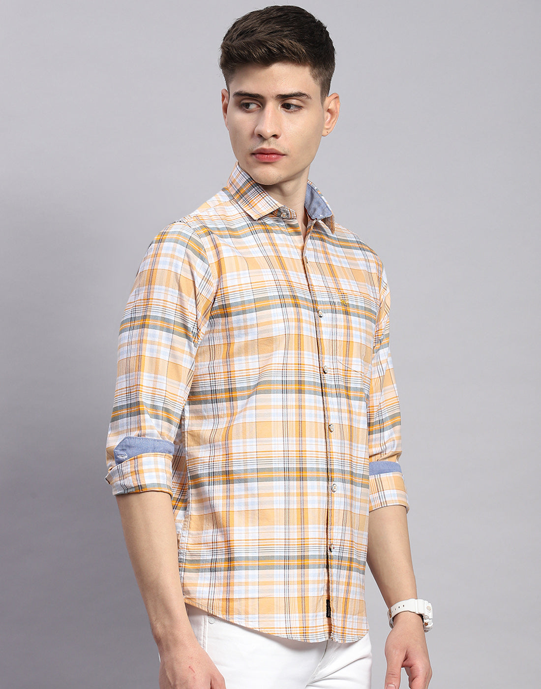 Men Orange Check Collar Full Sleeve Shirt