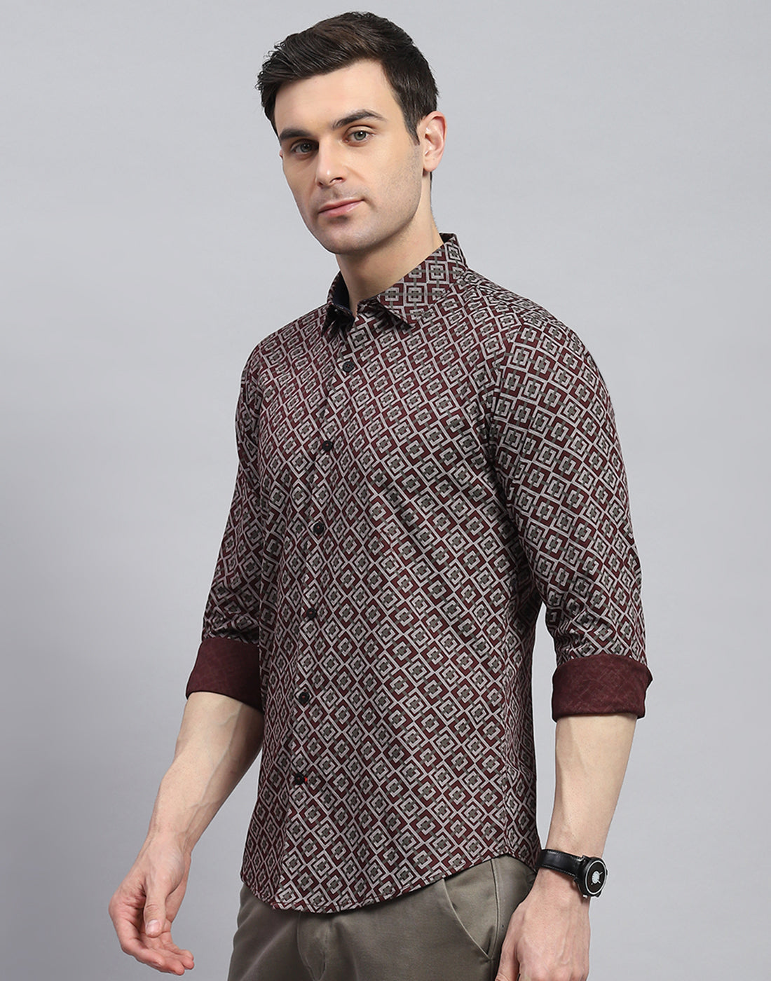 Men Maroon Printed Spread Collar Full Sleeve Shirt