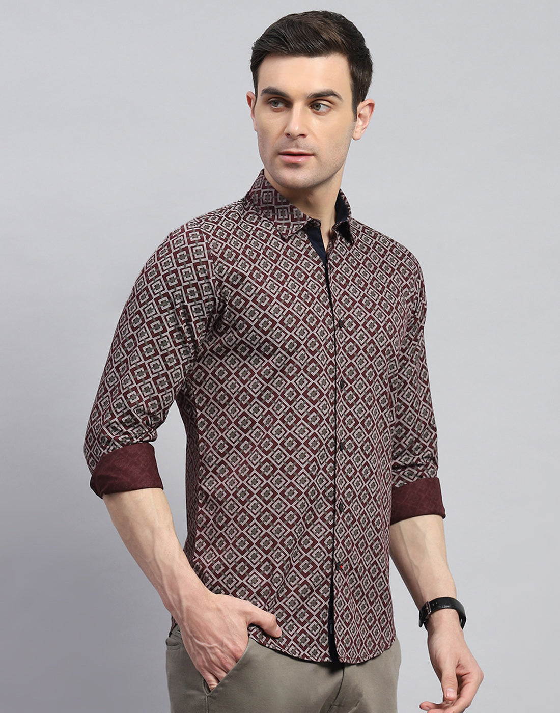 Men Maroon Printed Spread Collar Full Sleeve Shirt