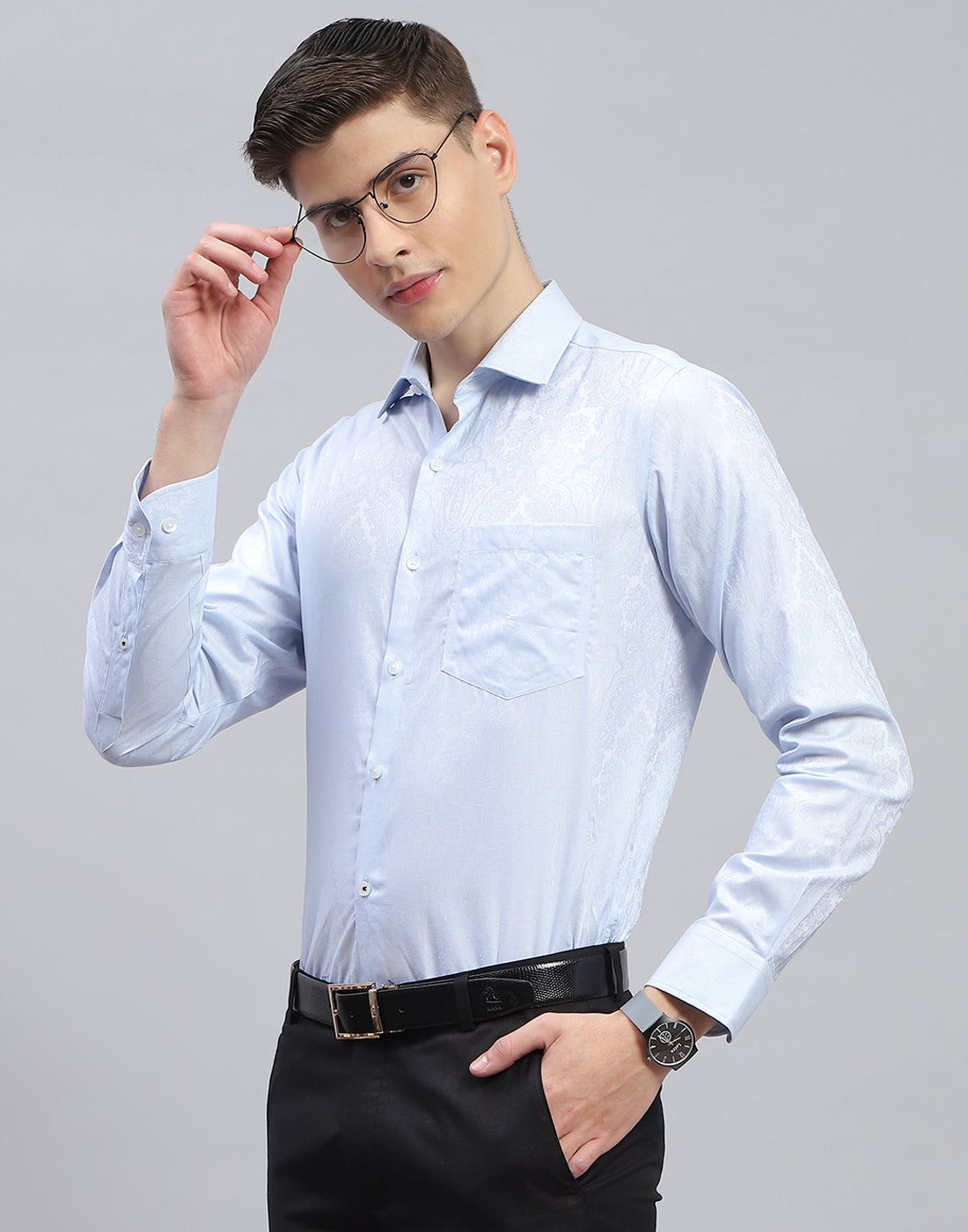 Men Blue Printed Spread Collar Full Sleeve Shirt