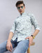 Men Sea Green Printed Mandarin Collar Full Sleeve Shirt