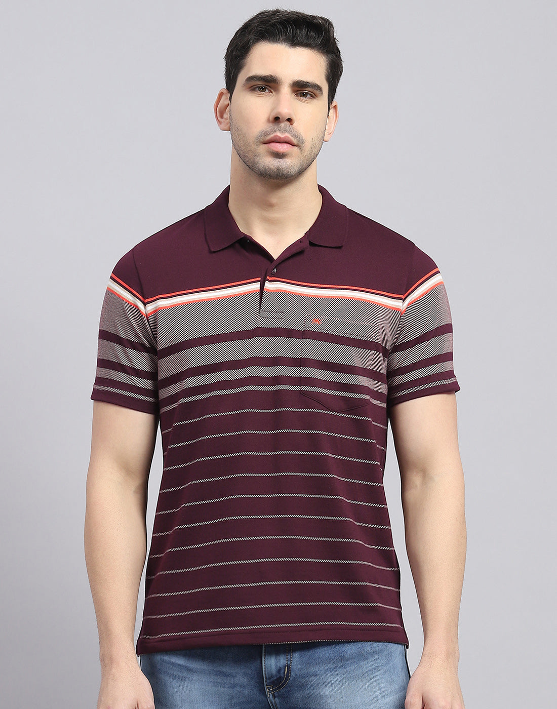 Men Burgundy Stripe Polo Collar Half Sleeve T-Shirt