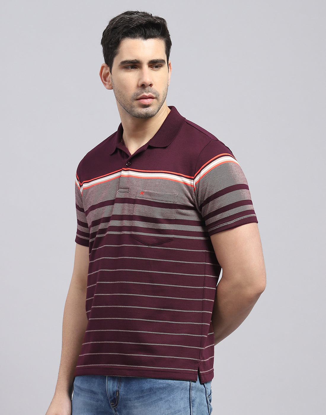 Men Burgundy Stripe Polo Collar Half Sleeve T-Shirt