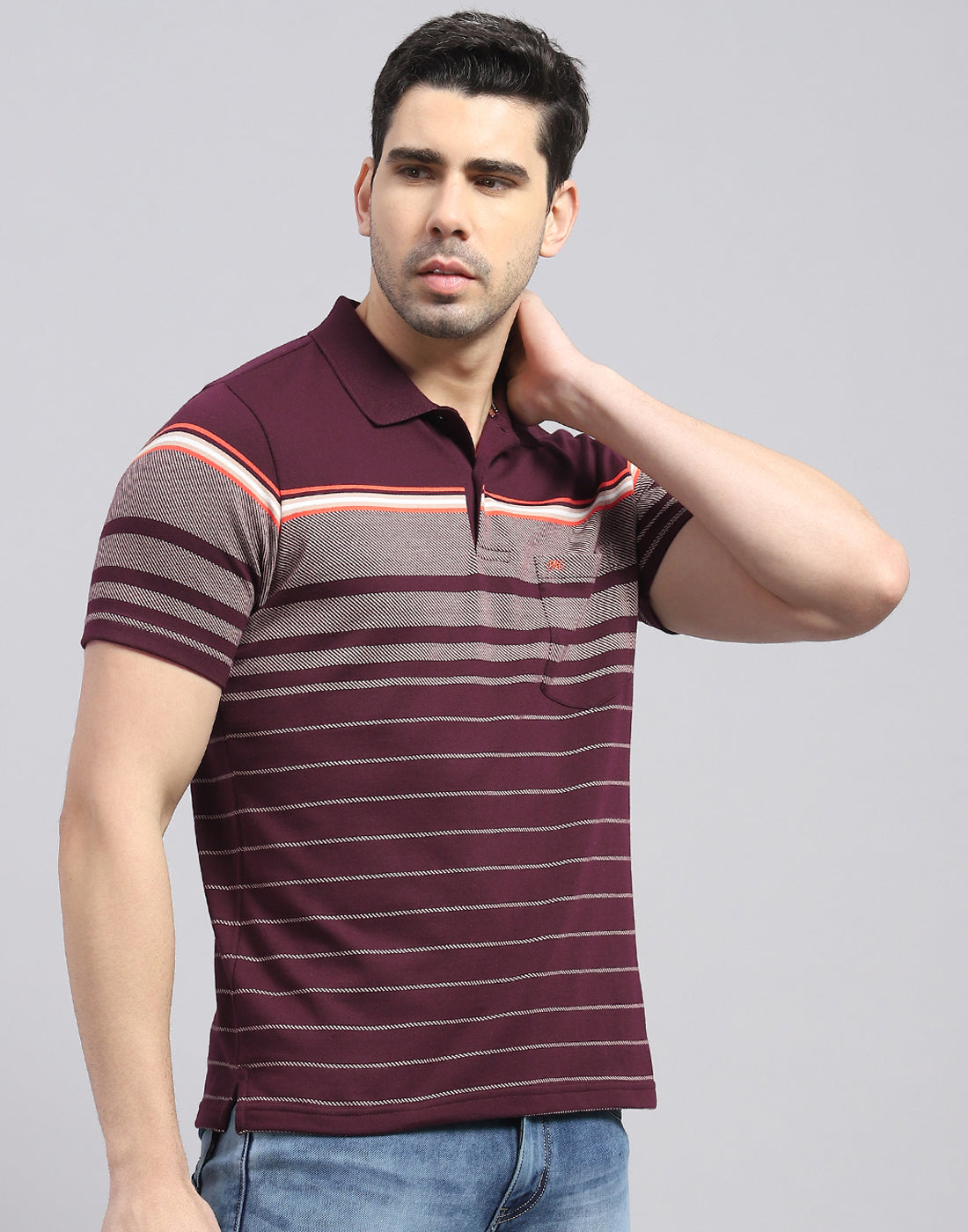 Men Burgundy Stripe Polo Collar Half Sleeve T-Shirt