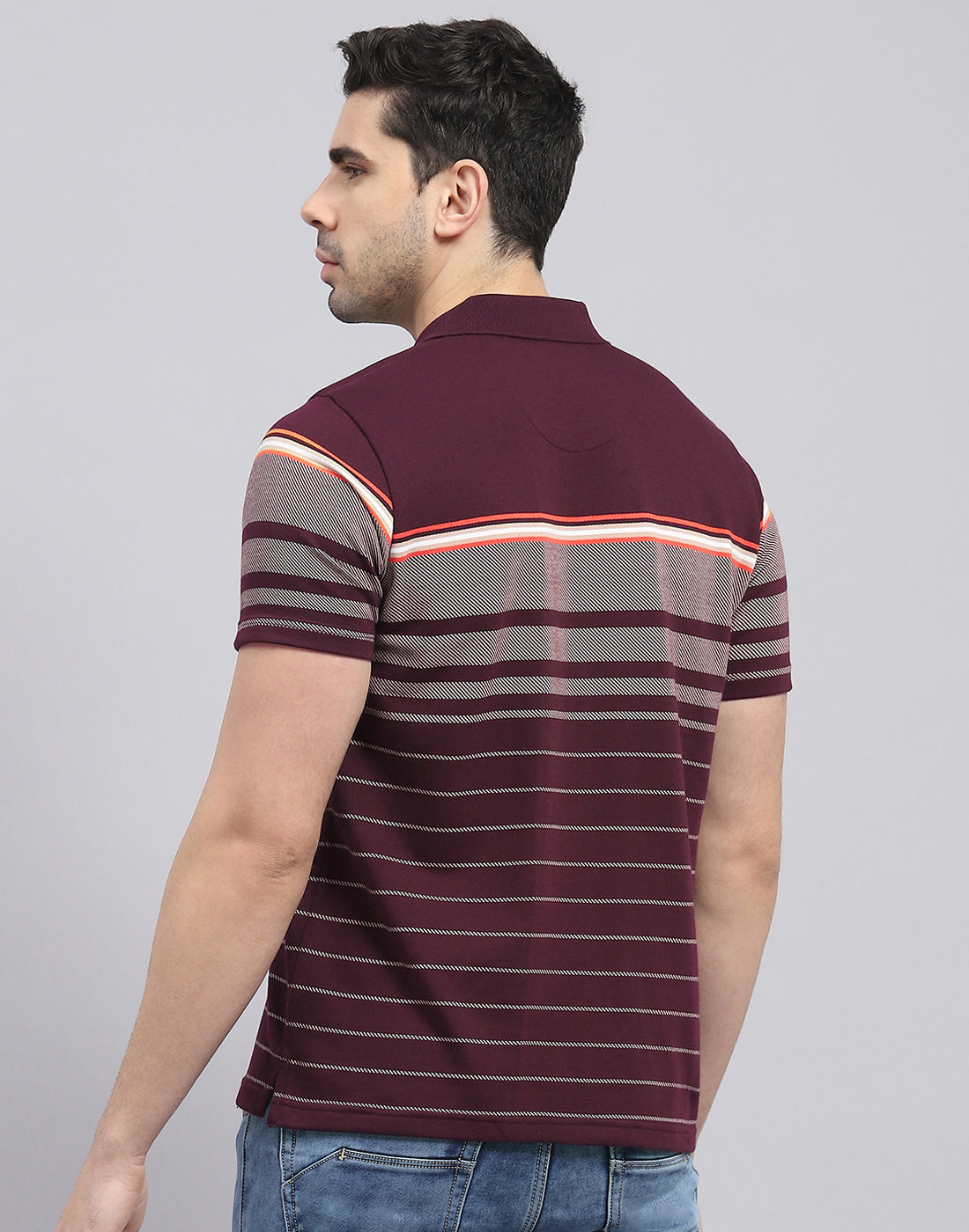 Men Burgundy Stripe Polo Collar Half Sleeve T-Shirt