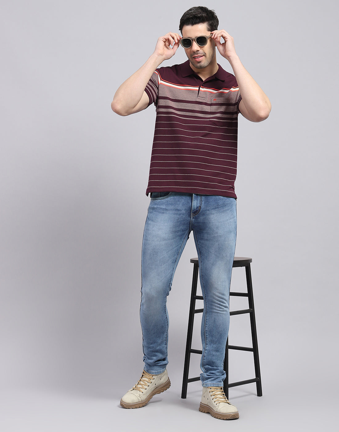 Men Burgundy Stripe Polo Collar Half Sleeve T-Shirt